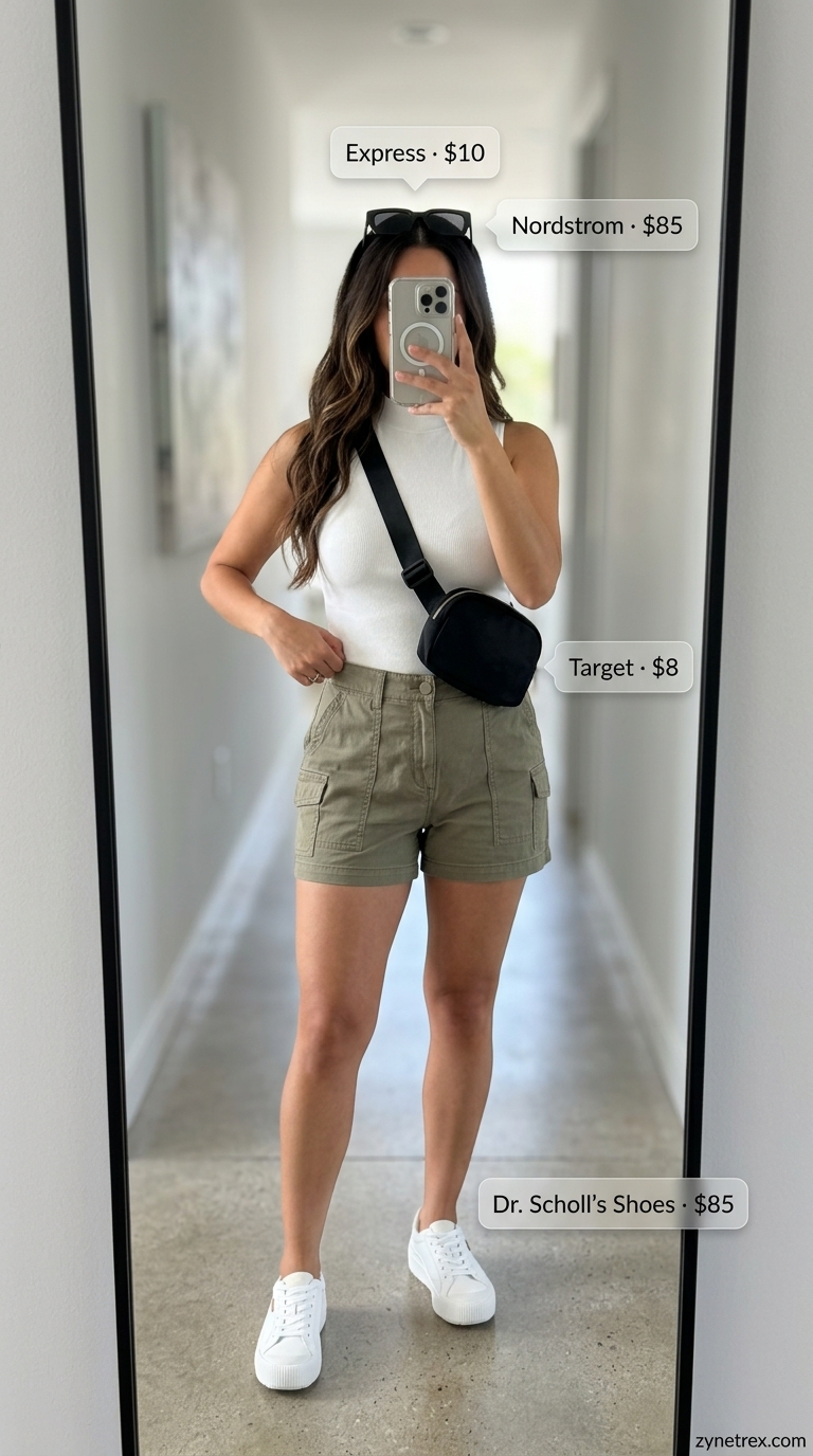 A woman sports a chic "Cool City Safari" look, featuring khaki green cargo shorts and a crisp white sleeveless mock-neck top, perfect for lightweight hot summer outfits for women. Accessorized with a black canvas belt bag, chunky white sneakers, and black oversized square sunglasses, ideal for city sightseeing or weekend errands.