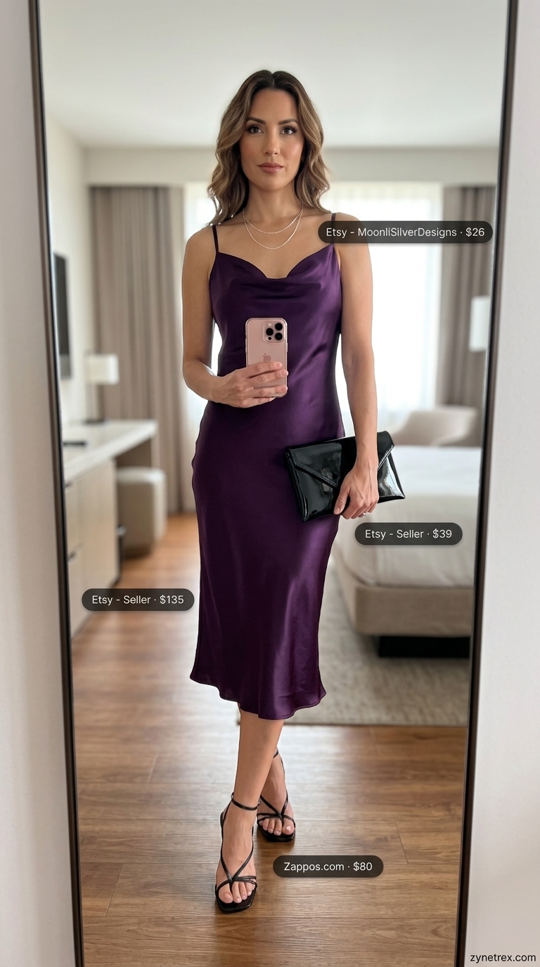 A woman models a sophisticated deep plum satin midi slip dress with a cowl neck, a perfect choice for lightweight hot summer outfits for women to wear to evening events. Paired with a silver delicate layered necklace, black minimalist clutch, and black strappy heels, exuding sultry elegance.