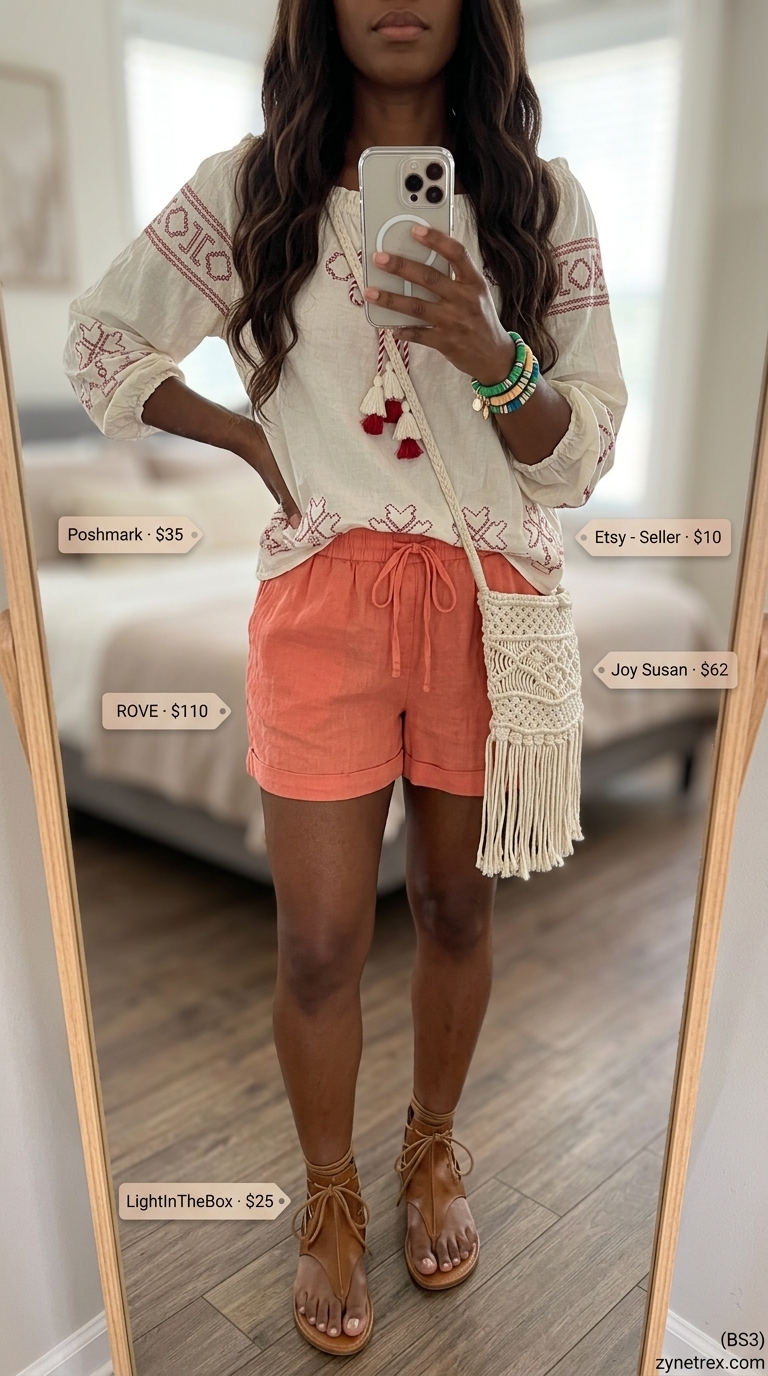 A woman wears a bohemian-inspired coral linen blend short and an ivory embroidered off-the-shoulder blouse, ideal for lightweight hot summer outfits for women 2026. Accessorized with stacked beaded bracelets and a woven macrame crossbody bag, perfect for beach days or summer festivals.