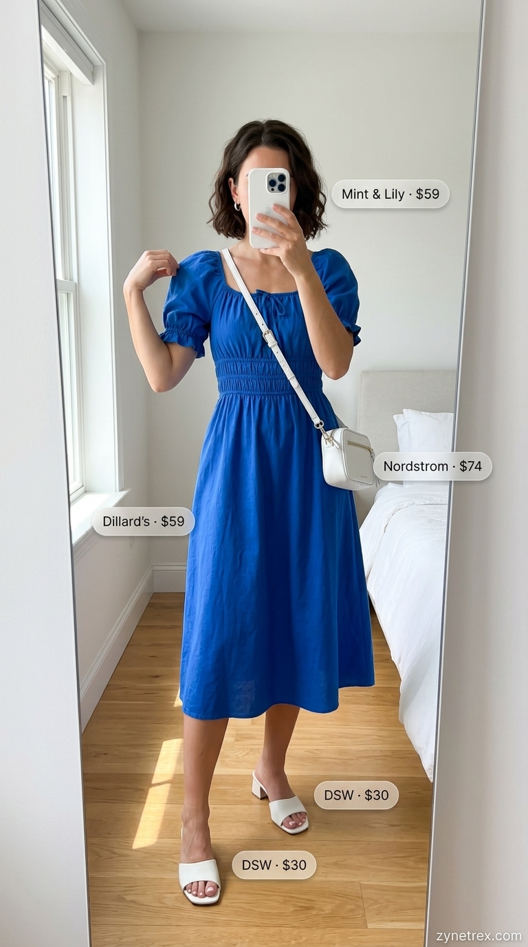 A woman models a vibrant cobalt blue A-line mini dress with subtle puff sleeves, showcasing lightweight hot summer outfits for women. Paired with a small silver metallic crossbody bag, white flat leather mules, and silver hoop earrings, perfect for a chic daytime outing.