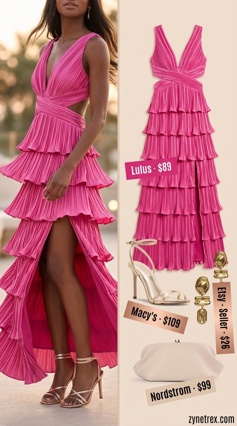 Tropicana Gala Dress: Trending Summer Fashion 2026 Trending summer fashion outfits for women 2026: Fuchsia maxi dress, gold sandals, nude clutch, statement earrings for a gala.