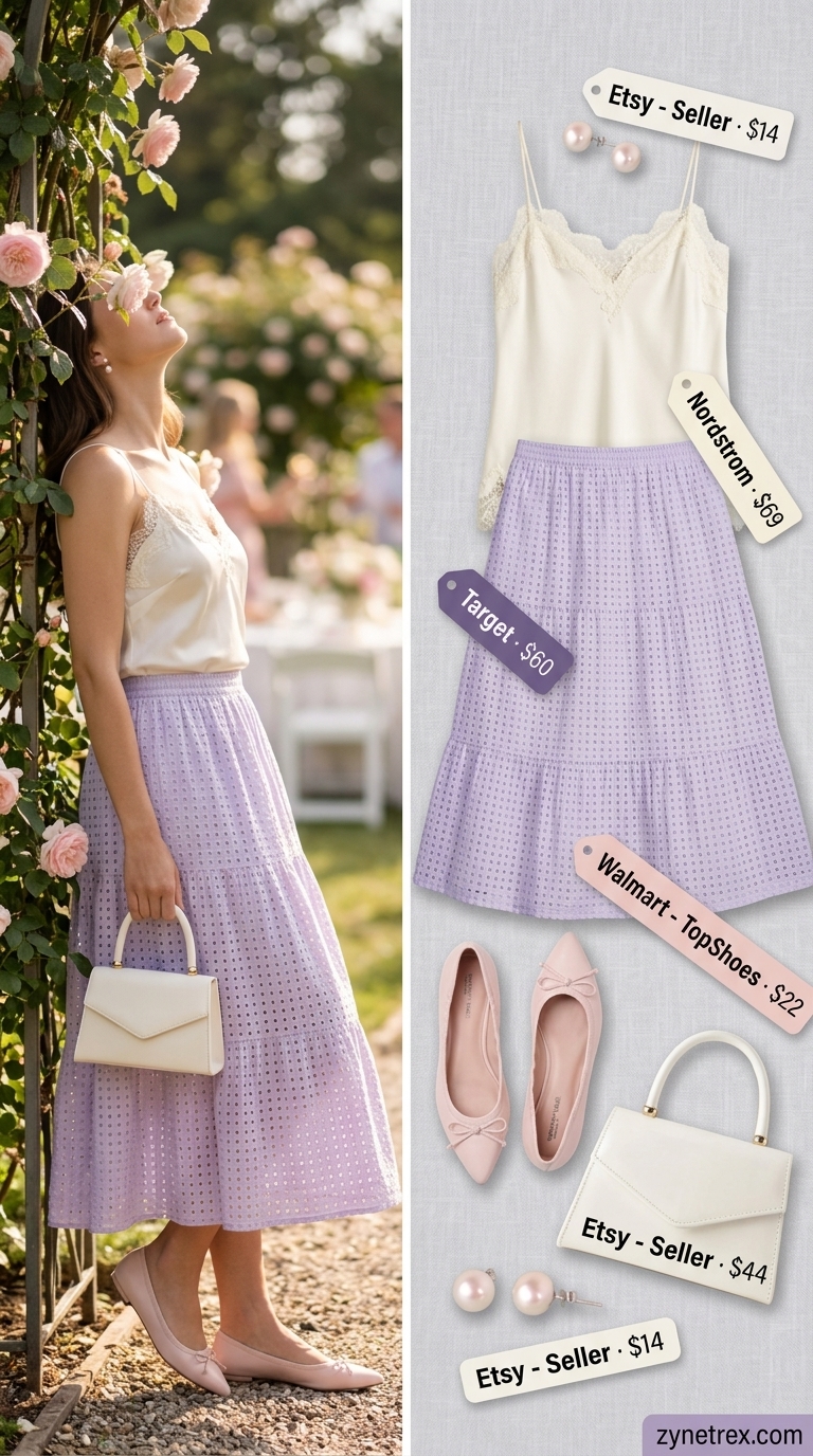 Lavender Garden Skirt: Trending Summer Fashion 2026 Trending summer fashion outfits for women 2026: Lavender midi skirt, lace cami, blush flats, top-handle bag for garden party.