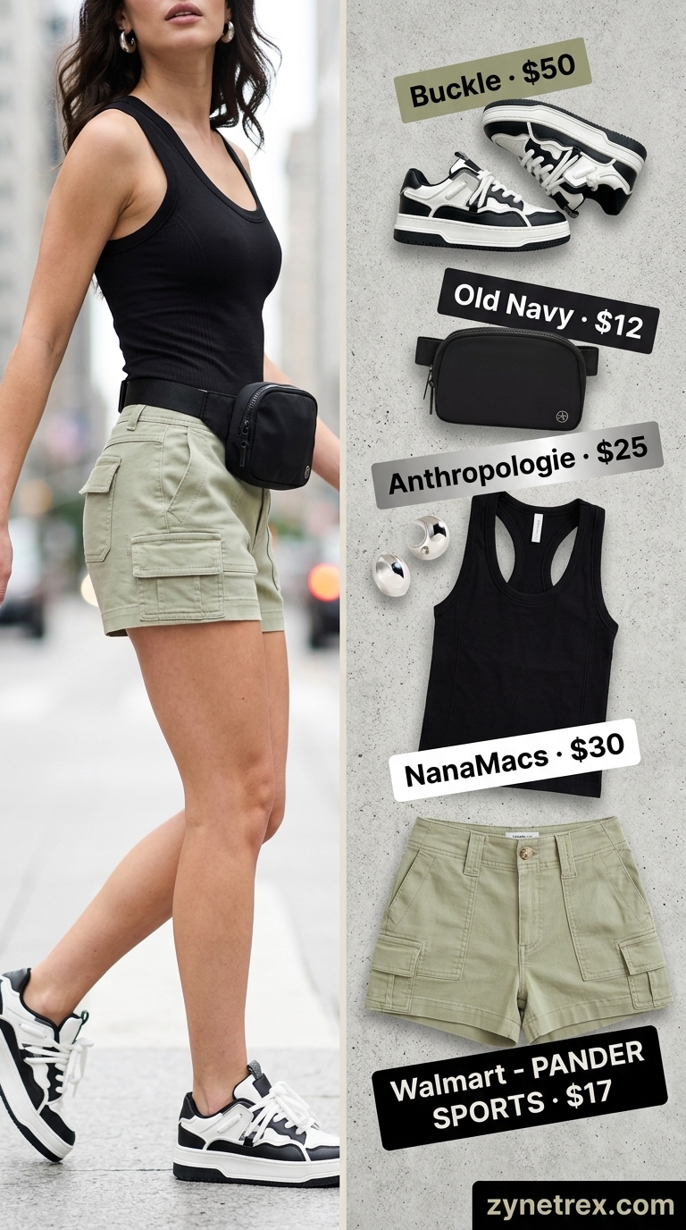 Cargo Shorts Style: Trending Summer Fashion 2026 Trending summer fashion outfits for women 2026: Khaki cargo shorts, black tank, platform sneakers, belt bag for urban exploration.