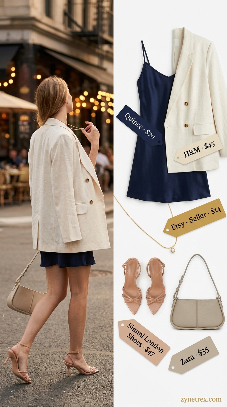 Trending Summer Fashion 2026: Navy Silk Dress & Blazer Trending summer fashion outfits for women 2026: Navy silk slip dress & cream blazer for date night. Style with strappy heels & gold necklace.