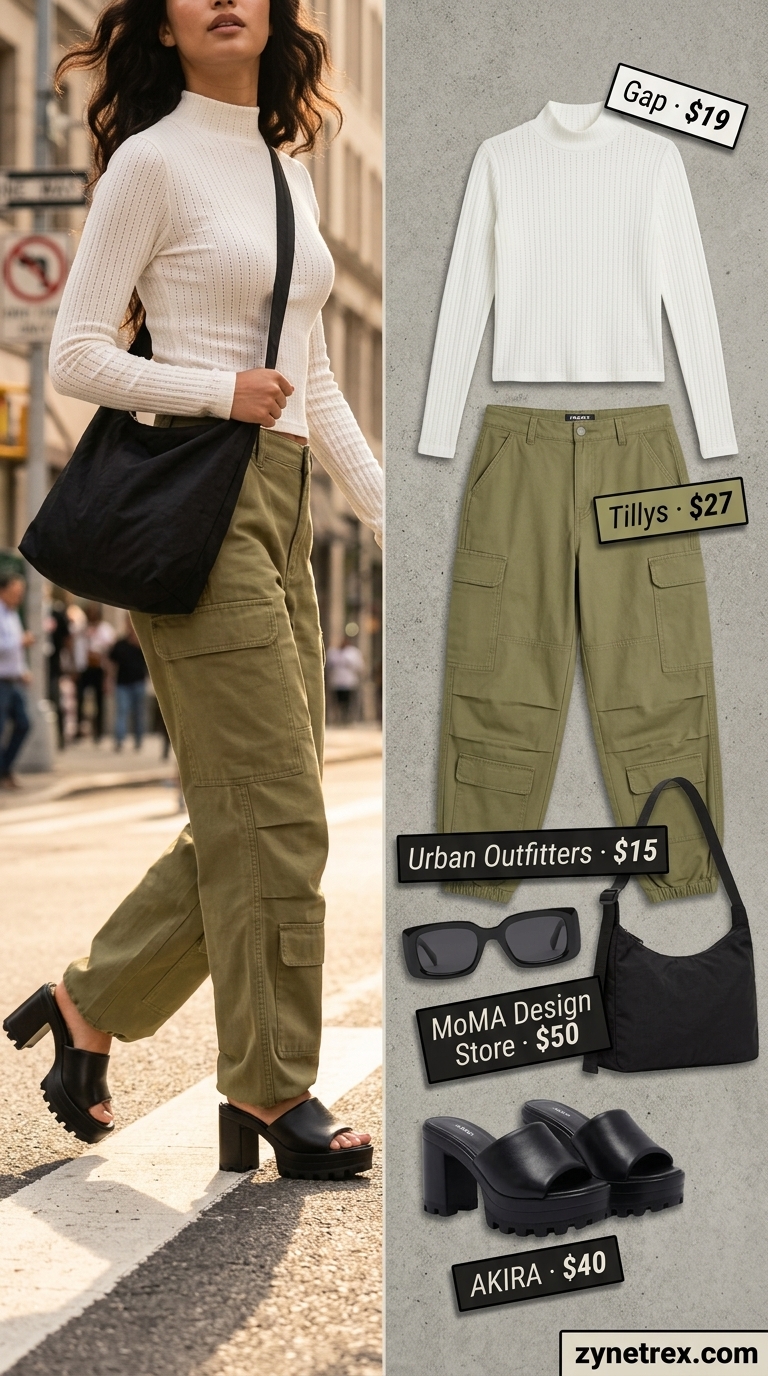 Street Smart Cargo: Trending Summer Fashion Outfits for Women 2026 Trending summer fashion outfits for women 2026: Olive cargo pants, white crop top, chunky sandals for street style.