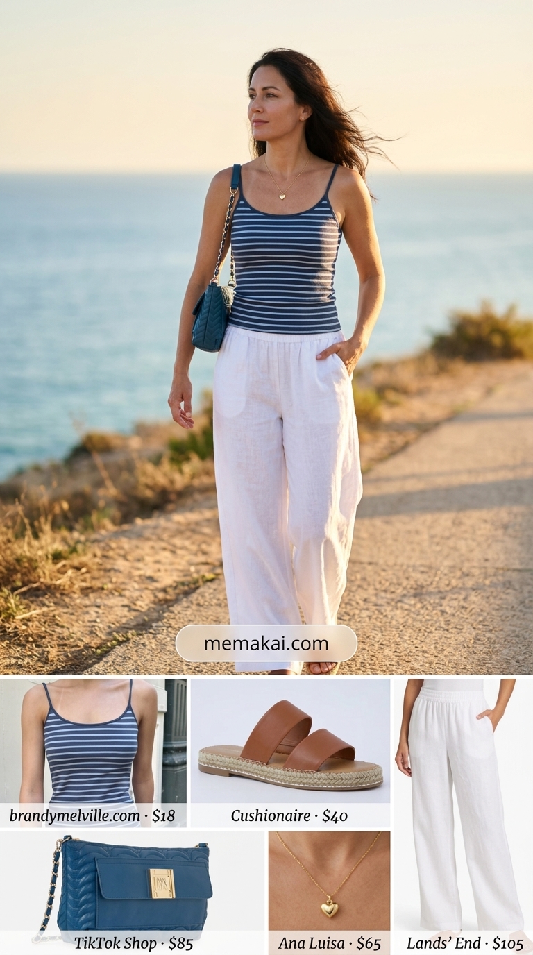 Riviera Escape: Trending Summer Fashion Outfits for Women 2026 Trending summer fashion outfits for women 2026: White linen pants, striped knit top, espadrille slides for Riviera chic.