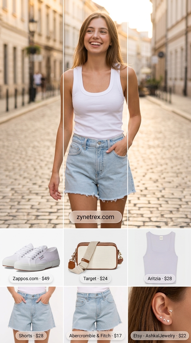 Playful Park Day: Trending Summer Fashion Outfits for Women 2026 Trending summer fashion outfits for women 2026: Denim shorts, lavender top, white sneakers for a playful park day.