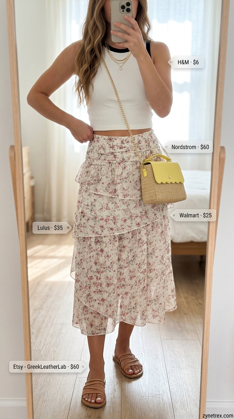 Boho Brunch Skirt: Trending Summer Fashion 2026 Trending summer fashion outfits for women 2026: Floral midi skirt, white crop top, straw bag, leather sandals for boho brunch.