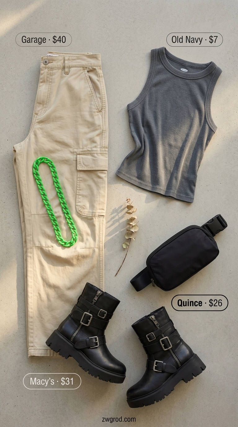 Festival Ready Edge: Trending Summer Fashion Outfits for Women 2026 Trending summer fashion outfits for women 2026: Stone cargo pants, black crop top, chunky boots for festival edge.