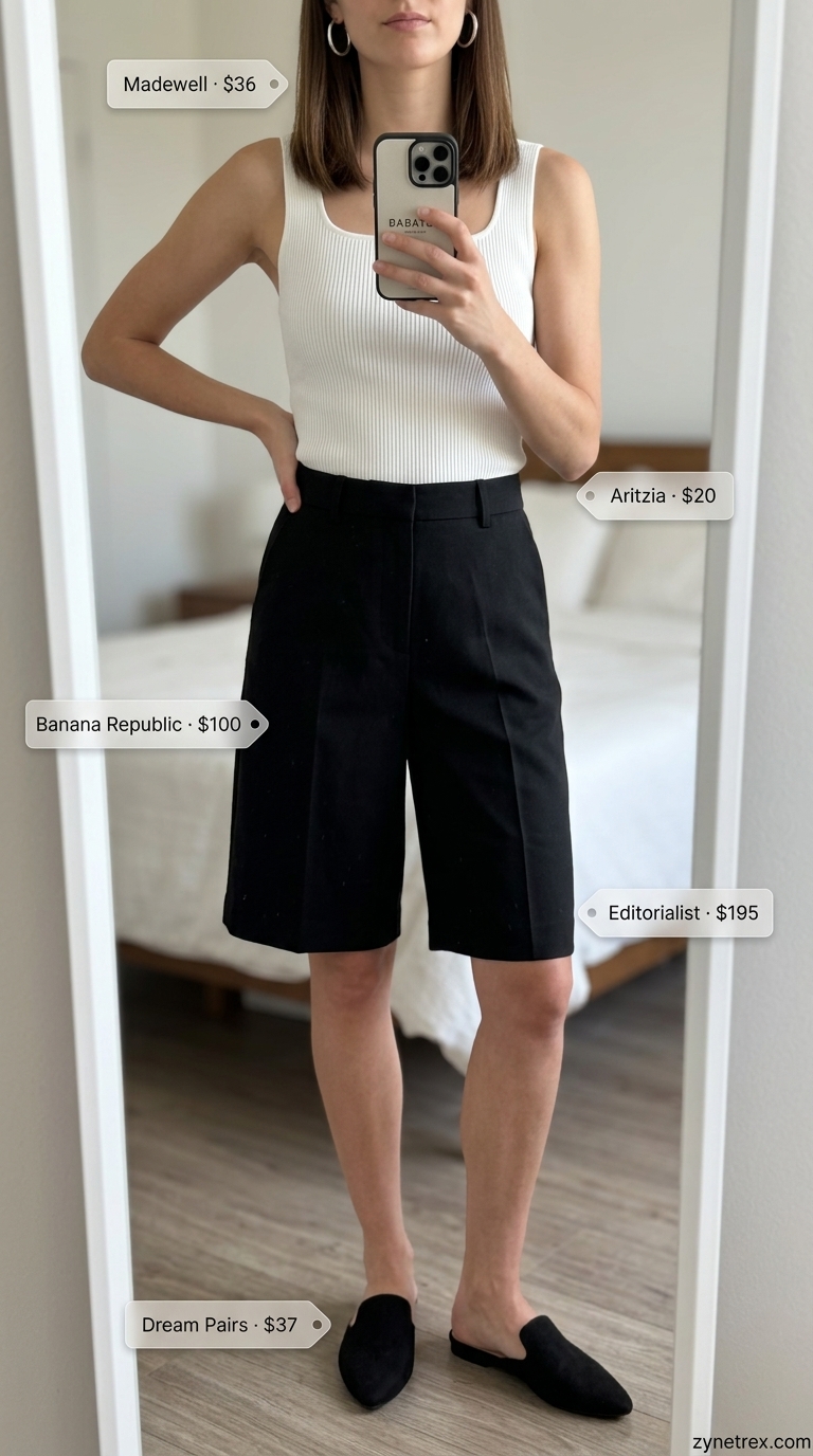 Minimalist Art Walk: Trending Summer Fashion Outfits for Women 2026 Trending summer fashion outfits for women 2026: Black shorts, white knit top, silver hoops for an art walk.