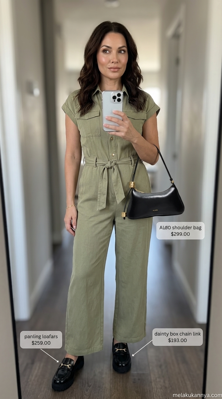 Trending Summer Fashion 2026: Chic Utility Jumpsuit Trending summer fashion outfits for women 2026: Chic khaki utility jumpsuit for creative workdays. Style with black loafers & gold accessories.