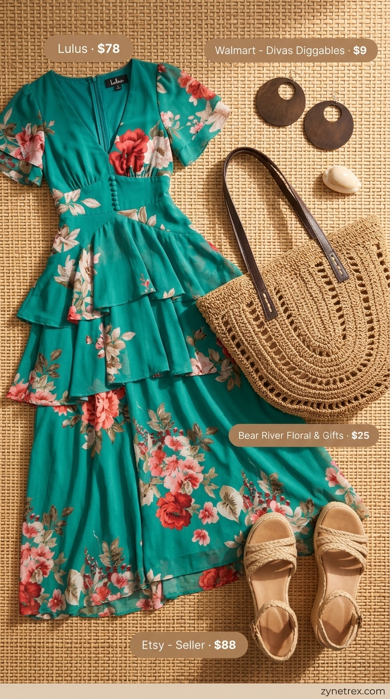 Bohemian Sunset Maxi: Trending Summer Fashion Outfits for Women 2026 Trending summer fashion outfits for women 2026: Tropical maxi dress, espadrille wedges for bohemian sunset vibes.