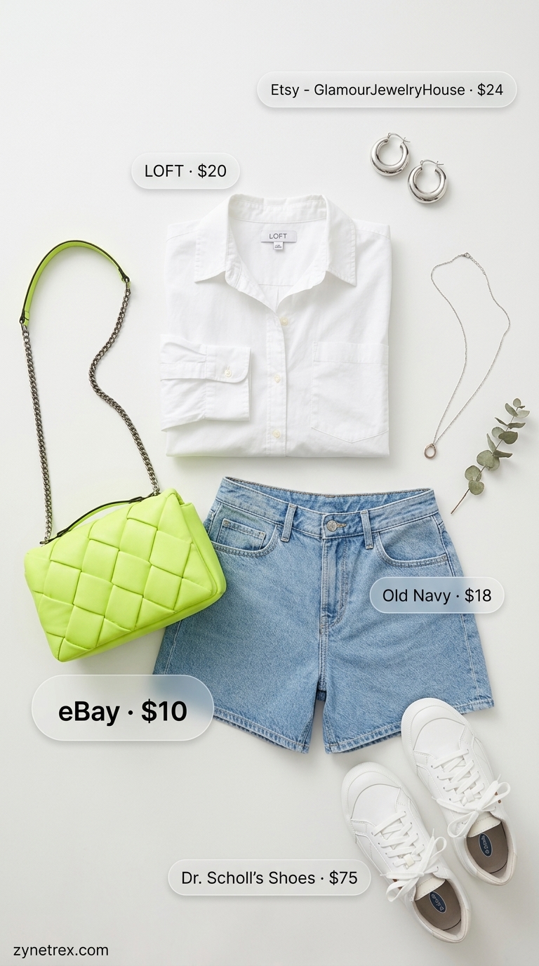 Trending Summer Fashion 2026: Denim Shorts Casual Trending summer fashion outfits for women 2026: Light wash denim shorts & white shirt for casual city days. Style with sneakers & neon bag.