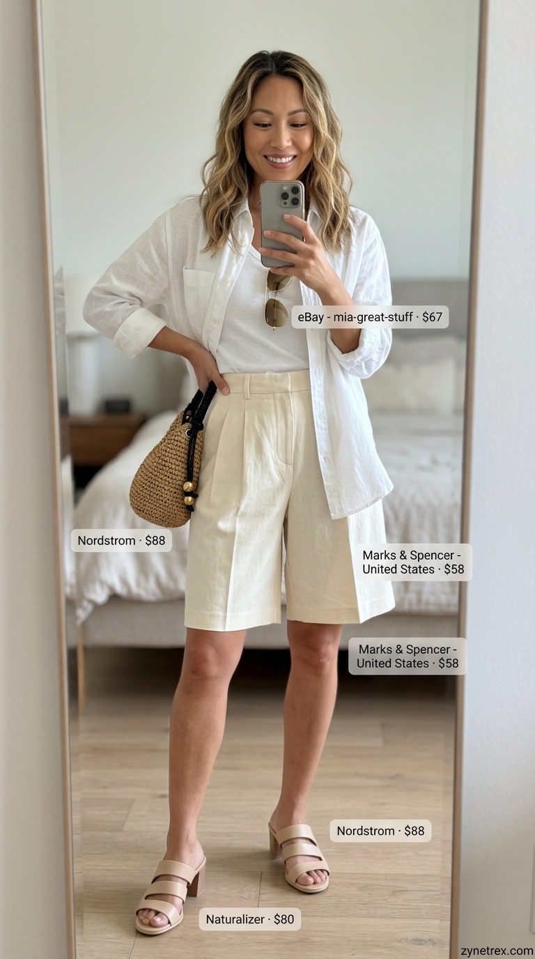 Trending Summer Fashion 2026: Resort Shorts Outfit Trending summer fashion outfits for women 2026: Ivory linen shorts & peach silk shirt for resort lunch. Style with block heels & straw bag.