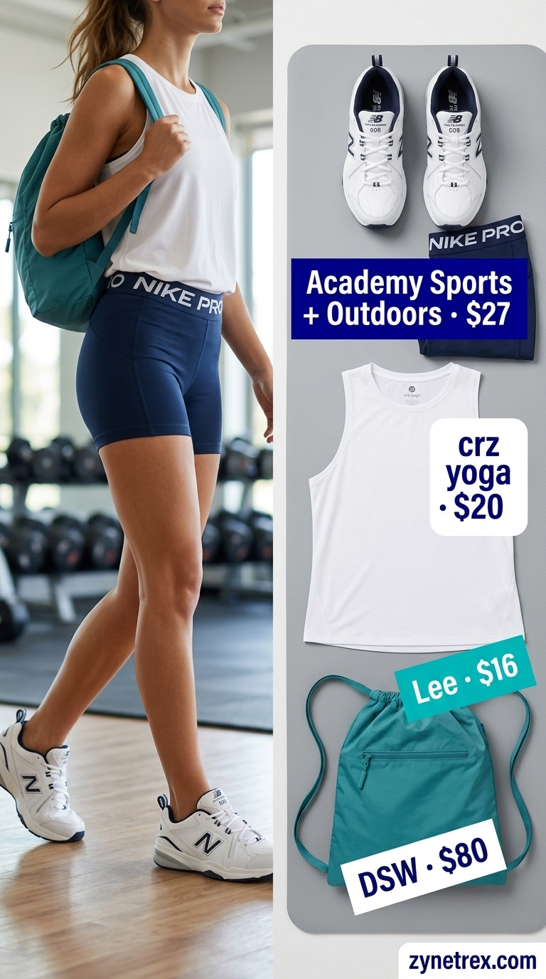 Strength Training Outfits 2026: Navy & White Gym outfits for women 2026: Strength training with navy shorts, white tank, and white/navy flat-soled training sneakers.
