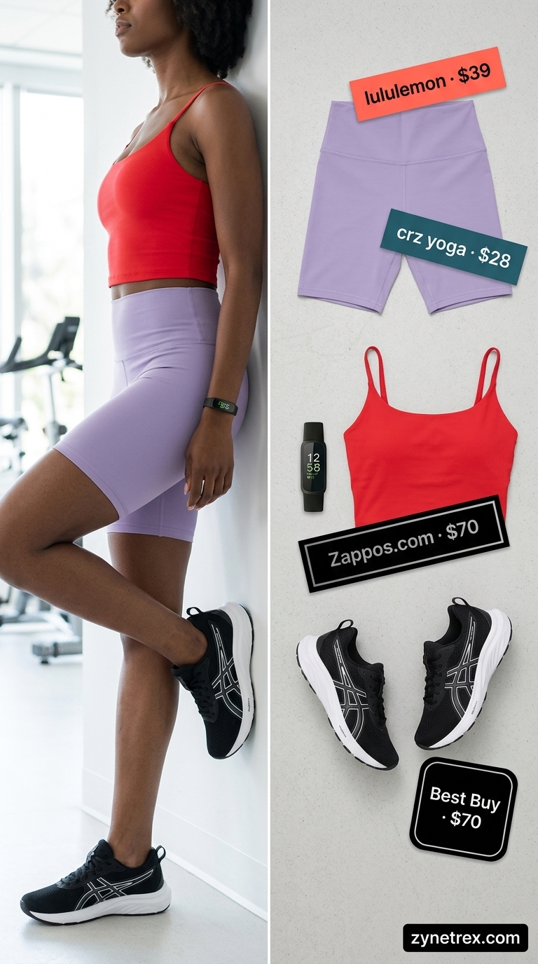 Spin Class Gym Outfits for Women 2026 Deep plum biker shorts with black cropped tank, black/white trainers, and silver fitness tracker for gym outfits for women 2026.