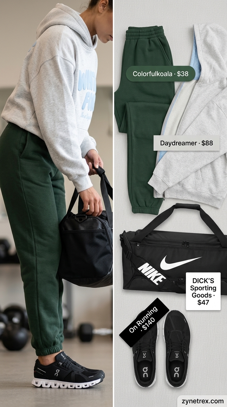 Athleisure Outfits 2026: Green Joggers Gym outfits for women 2026: Athleisure look with forest green joggers, grey oversized hoodie, and black duffel bag.