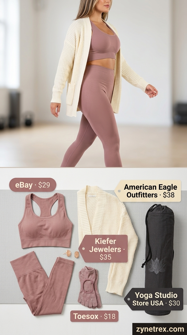 Studio Flow Gym Outfits for Women 2026 Dusty Rose matching set gym outfits for women 2026: seamless bra & leggings, cream cardigan, rose gold earrings.