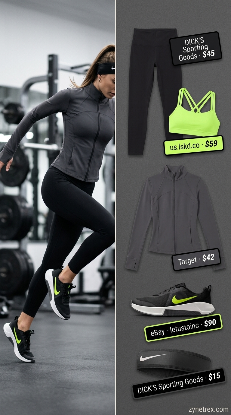 HIIT Workout Outfits 2026: Black & Neon Gym outfits for women 2026: HIIT session with black leggings, charcoal jacket, neon green sports bra, and black/green sneakers.