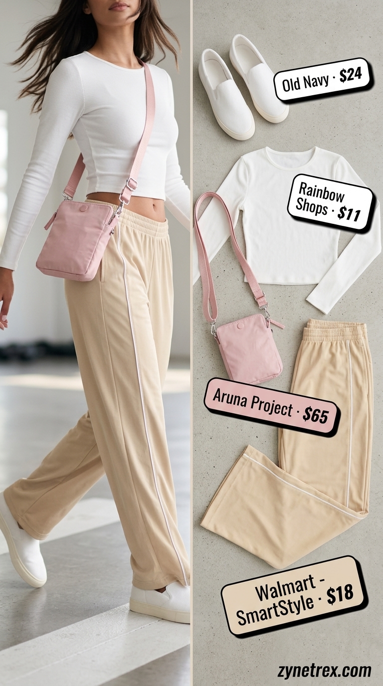 Post-Workout Outfits 2026: Beige Lounge Gym outfits for women 2026: Relaxed post-workout lounge look with beige wide-leg pants, white crop top, and slip-on sneakers.