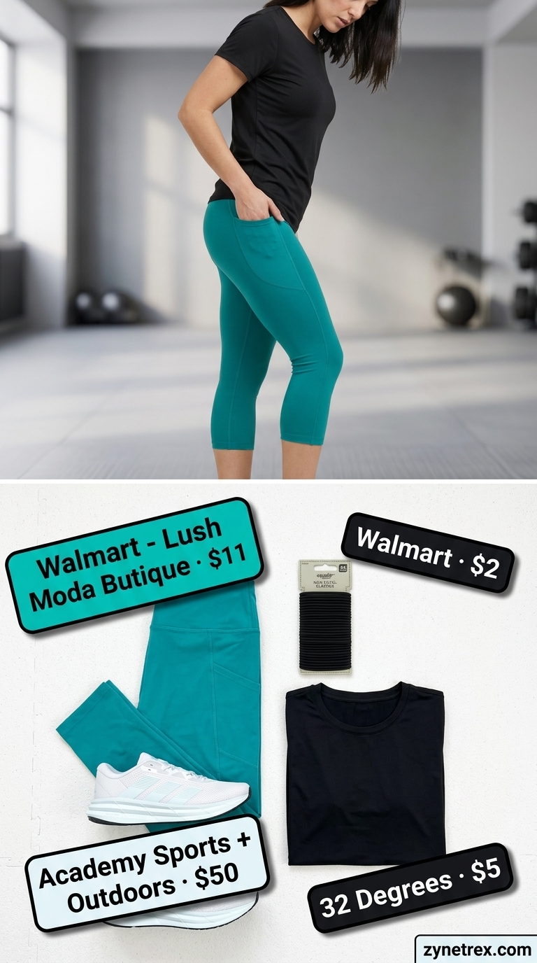 Active Recovery Outfits 2026: Teal Leggings Gym outfits for women 2026: Active recovery with teal capri leggings, black t-shirt, and white/teal running shoes.