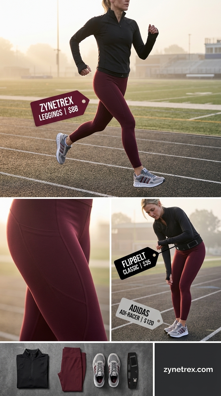 Outdoor Run Gym Outfits for Women 2026 Burgundy high-compression leggings with black thermal top, dark grey/burgundy running shoes, and black running belt for gym outfits for women 2026.