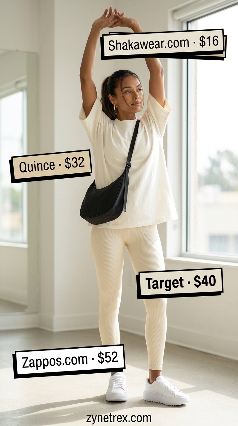 Athleisure Gym Outfits for Women 2026 Taupe ribbed matching set with cream oversized tee, white platform sneakers, and black crossbody bag for gym outfits for women 2026.