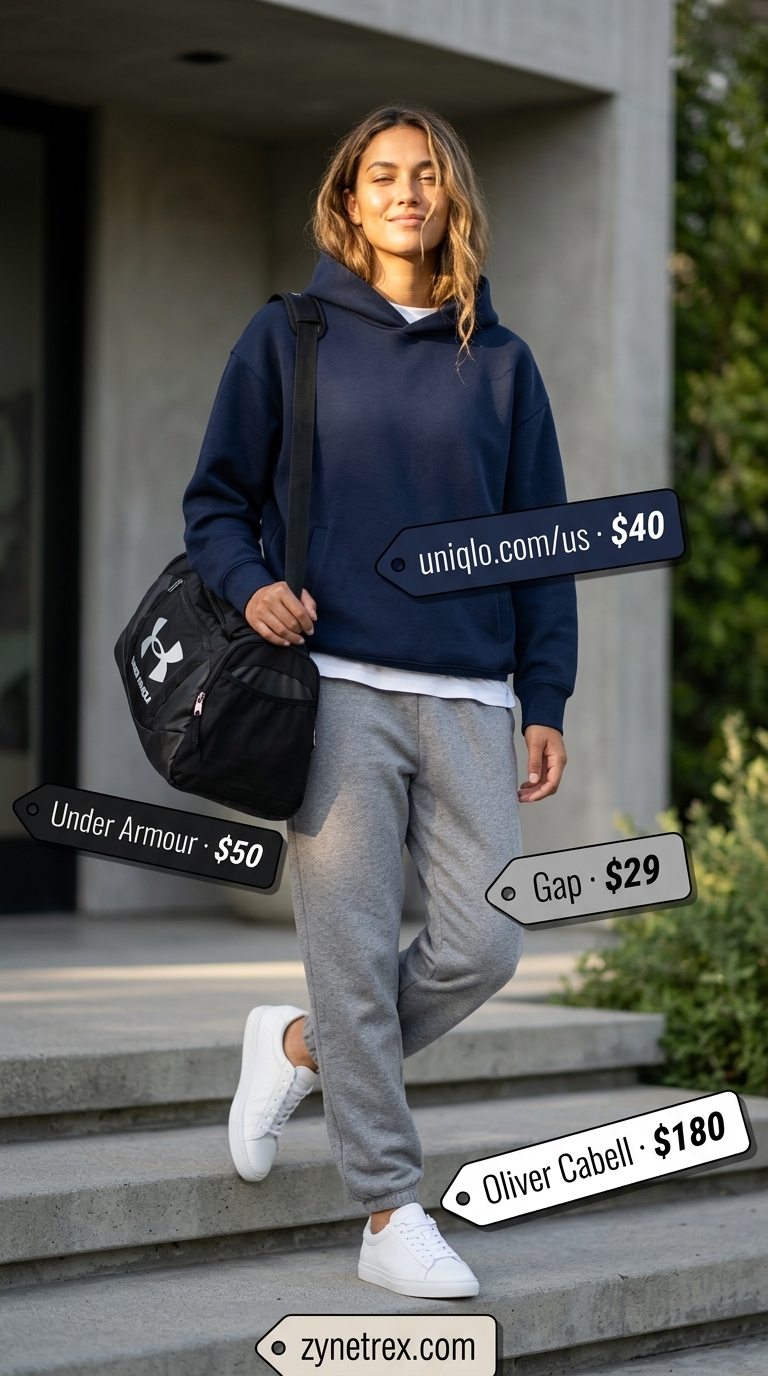 Post-Workout Gym Outfits for Women 2026 Heather grey joggers & navy hoodie gym outfits for women 2026: post-workout cozy, relaxed style.