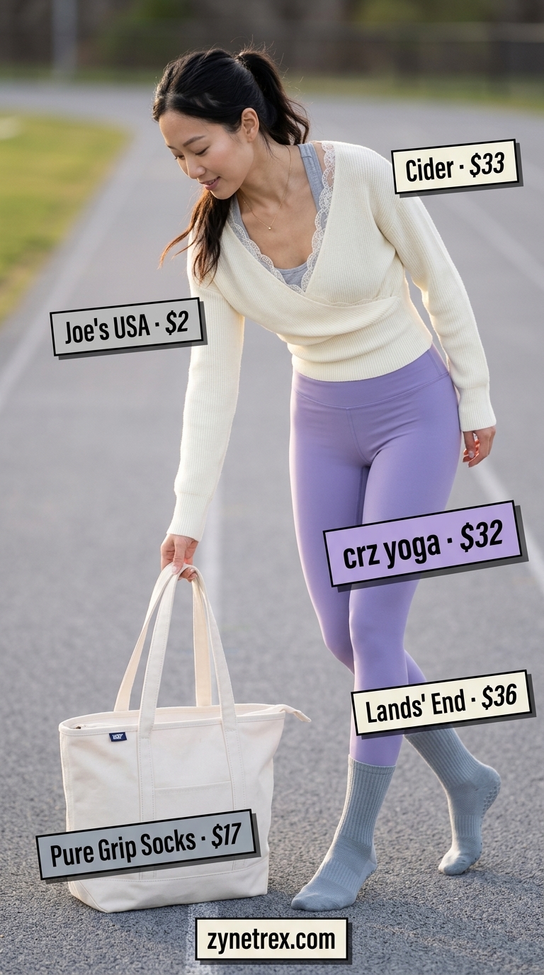 Zen Flow Gym Outfits for Women 2026 Soft lavender leggings & grey tank gym outfits for women 2026: yoga, mindful studio style.