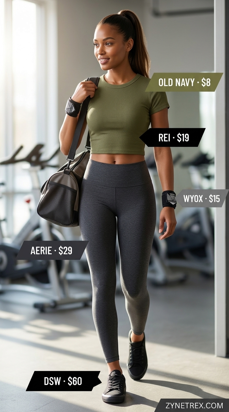 Strength Training Gym Outfits for Women 2026 Deep olive crop tee with charcoal leggings, black sports bra, and black training shoes for gym outfits for women 2026.