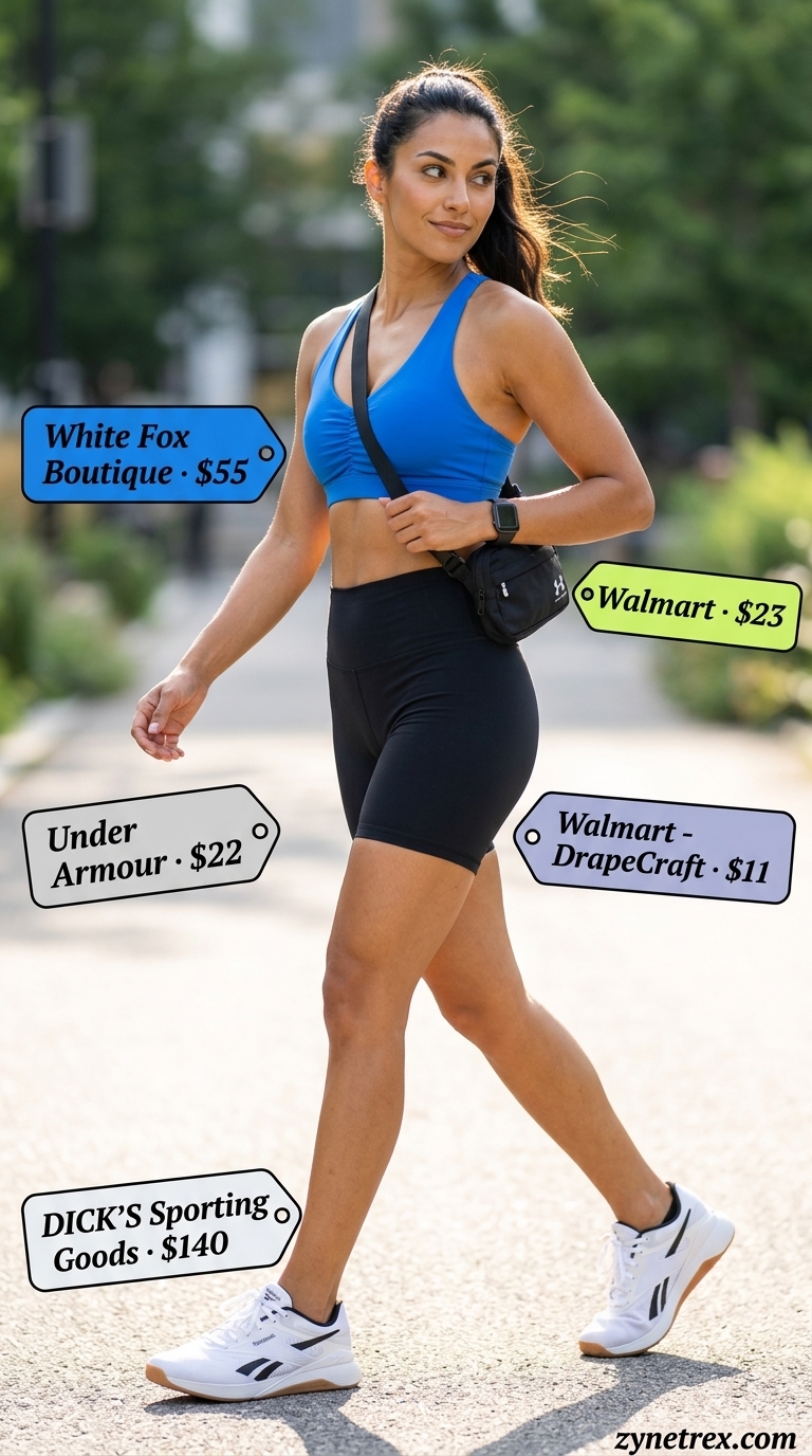 HIIT Gym Outfits for Women 2026 Electric blue sports bra & black biker shorts gym outfits for women 2026: HIIT, energetic style.