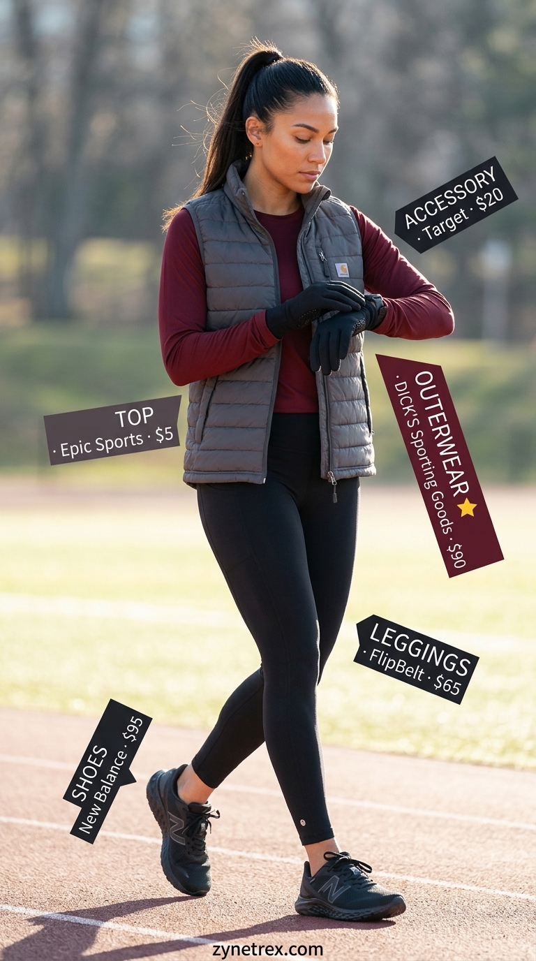 Cold Weather Gym Outfits for Women 2026 Burgundy long-sleeve top & black leggings gym outfits for women 2026: cold weather running gear.