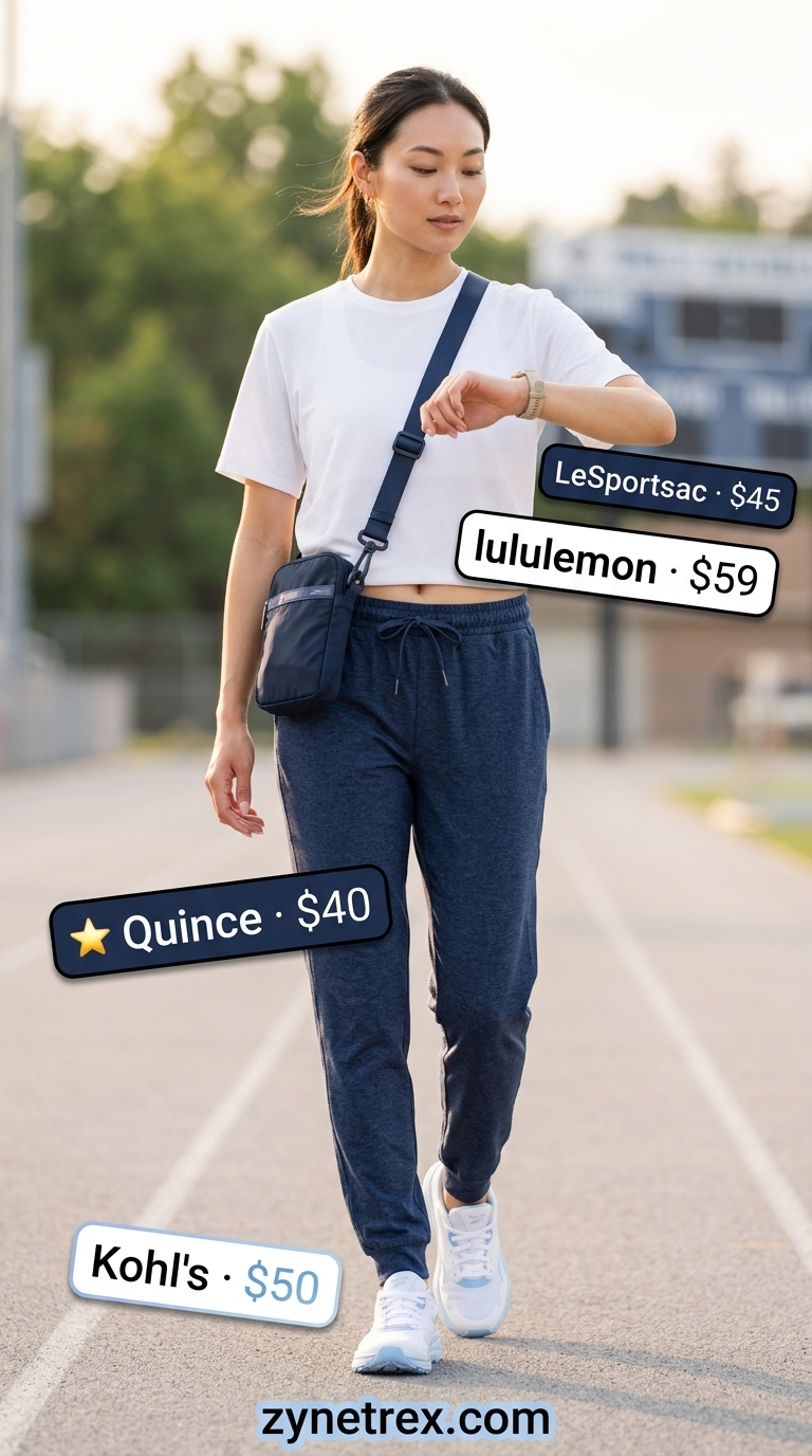 Warm-Up Gym Outfits for Women 2026 Navy joggers & white tee gym outfits for women 2026: warm-up, comfortable, flexible style.