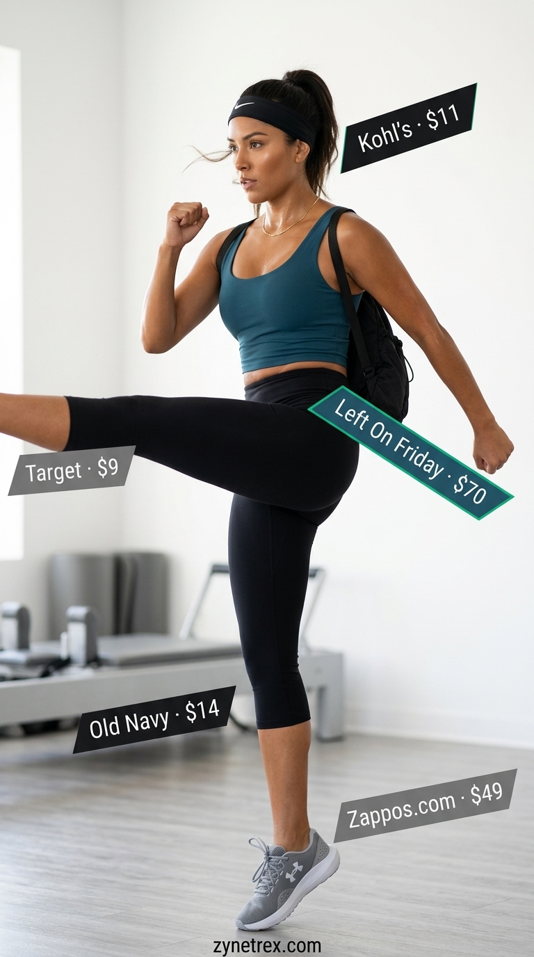 Circuit Training Gym Outfits for Women 2026 Deep teal racerback tank with black capri leggings, grey cross-trainers, and black backpack for gym outfits for women 2026.