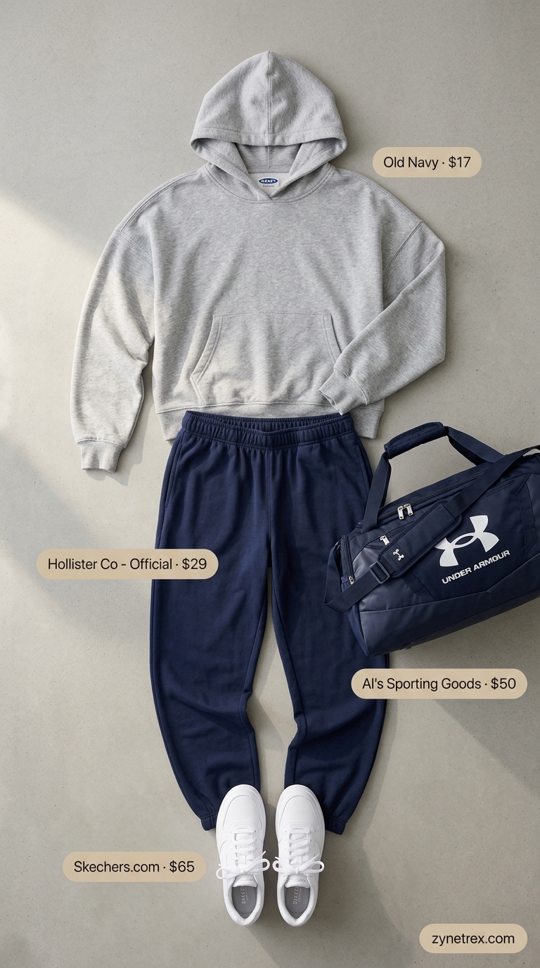 Warm-Up Gym Outfits for Women 2026 Navy blue joggers with heather grey hoodie, white sneakers, and navy duffel bag for gym outfits for women 2026.