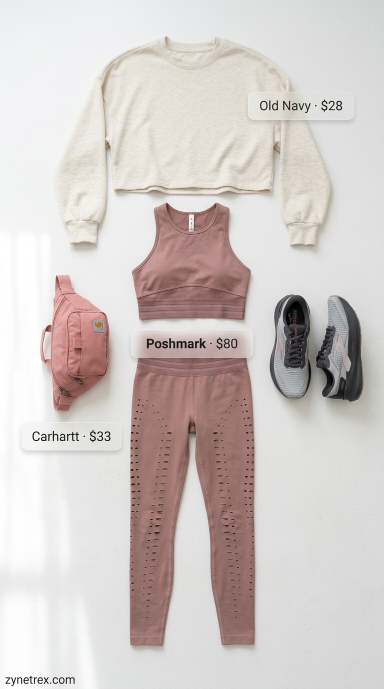 Cozy Gym Outfits for Women 2026 Dusty rose matching set with cream long sleeve top, grey sneakers, and belt bag for gym outfits for women 2026.