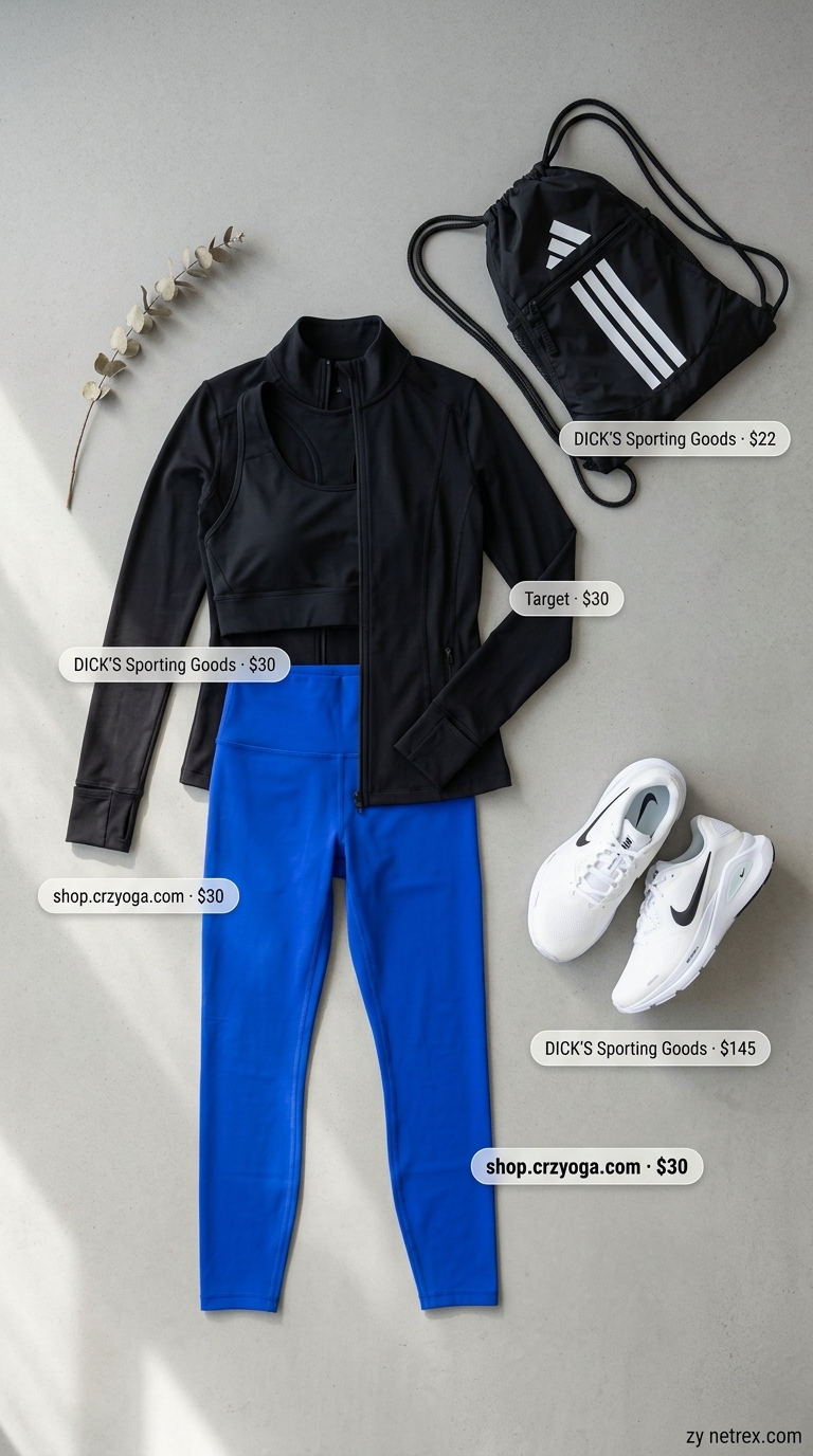 Cardio Gym Outfits for Women 2026 Electric blue leggings & black sports bra gym outfits for women 2026: cardio, focused style.