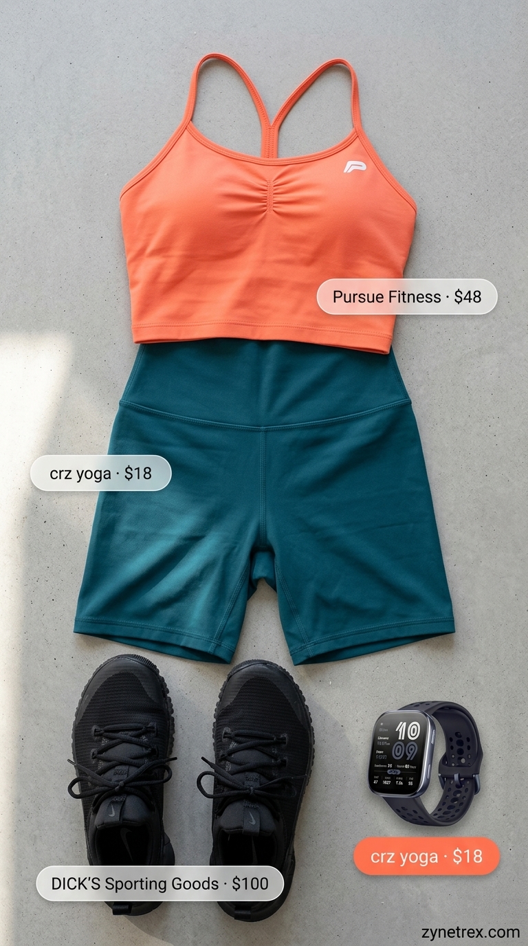 Spin Class Outfits 2026: Teal & Coral Gym outfits for women 2026: High-energy spin class outfit with teal biker shorts, coral crop tank, and black sneakers.