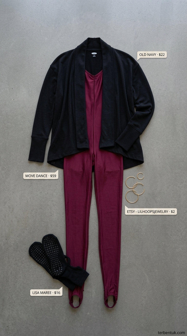 Studio Workout Outfits 2026: Burgundy Unitard Gym outfits for women 2026: Studio movement with burgundy unitard, black wrap cardigan, and ballet grip socks.