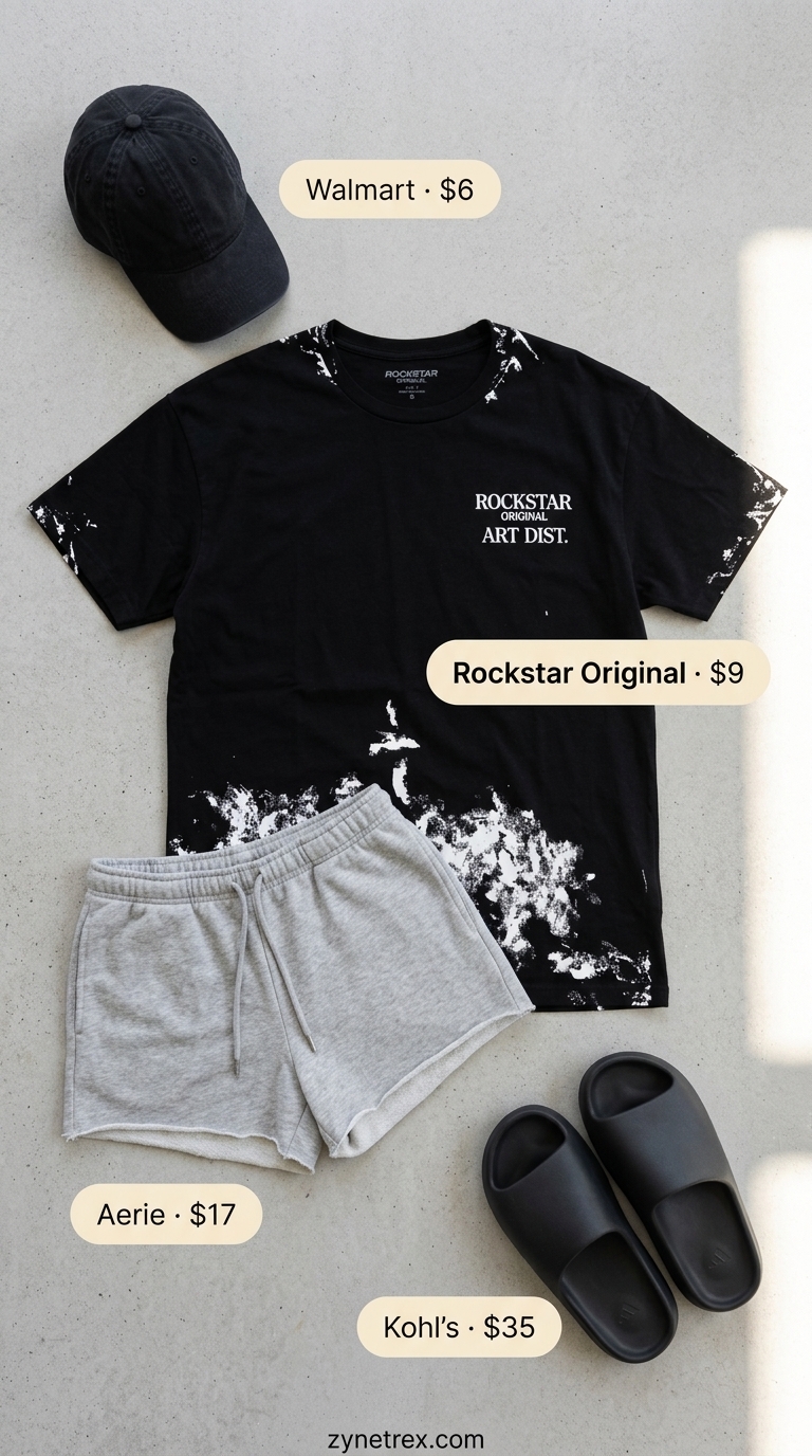 Lounge Gym Outfits for Women 2026 Stone grey sweat shorts with black graphic tee, black cap, and black slides for relaxed gym outfits for women 2026.