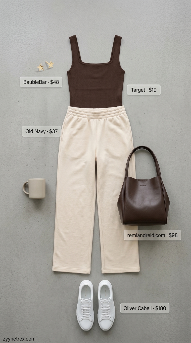 Post-Workout Outfits 2026: Cream Pants Gym outfits for women 2026: Post-workout errands with cream wide-leg pants, espresso tank, and white sneakers.