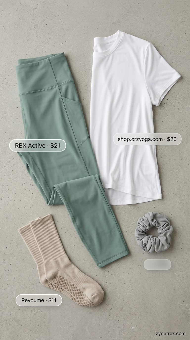 Studio Flow Gym Outfits for Women 2026 Sage green capri leggings & white tee gym outfits for women 2026: calm, flexible, mindful studio style.