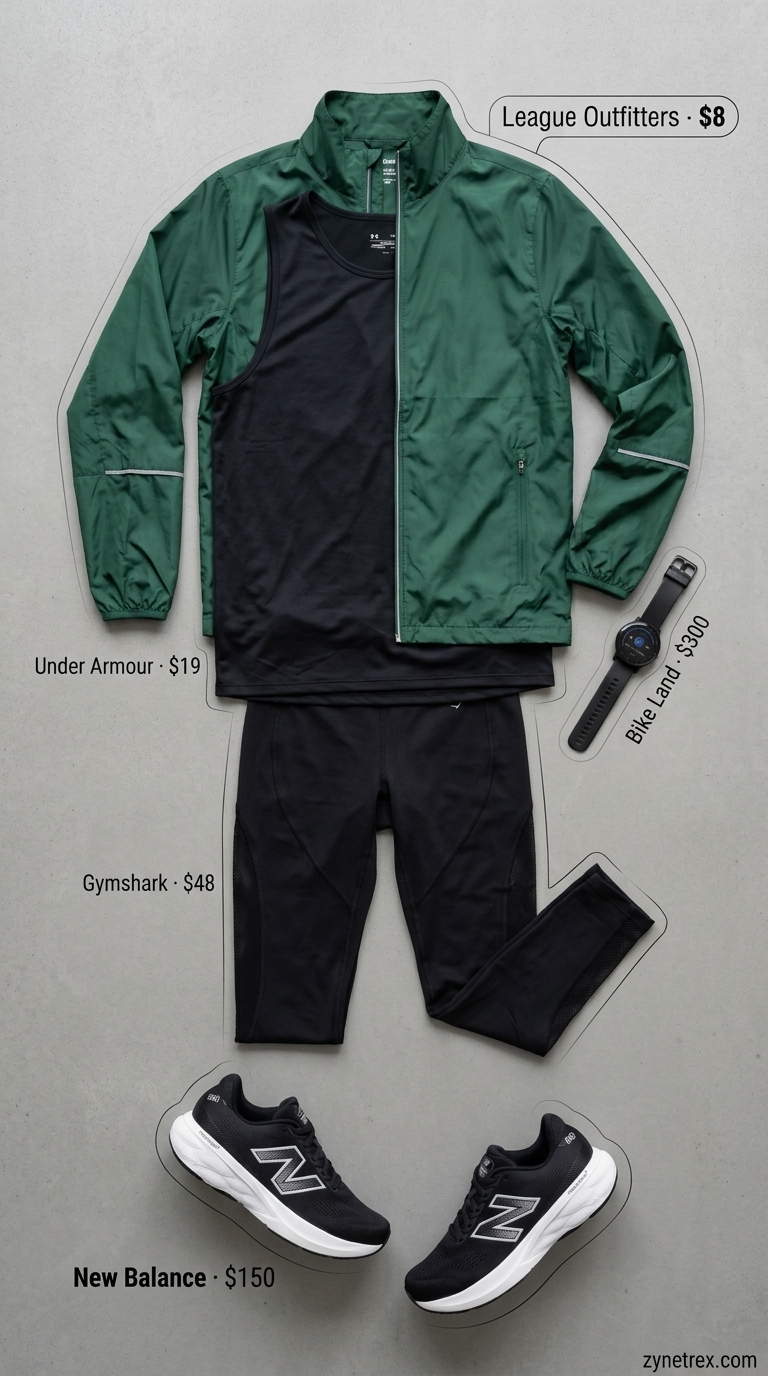 Layered Gym Outfits for Women 2026 Forest green track jacket over black leggings and tank, with silver watch and black running shoes for gym outfits for women 2026.