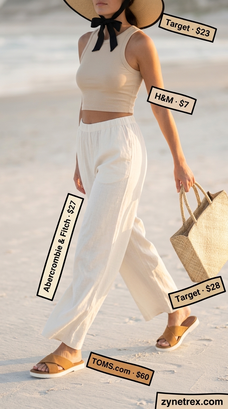 Seaside Serenity Pants: Summer Beach Outfits for Women 2026 Ivory linen pants and knit tank summer beach outfits for women 2026, relaxed and effortless for resort brunch.