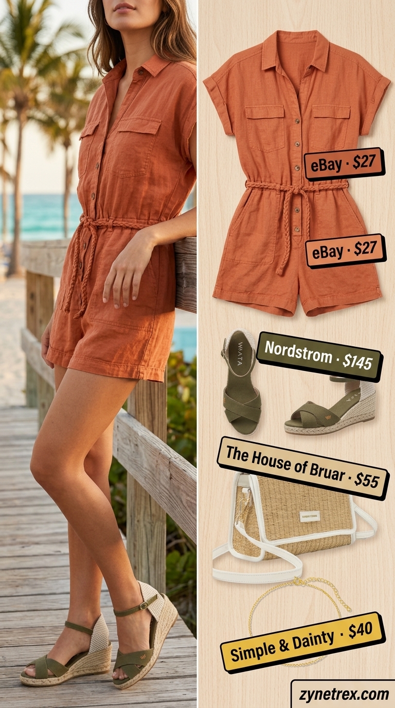 Terracotta Coastline Romper: Summer Beach Outfits for Women 2026 Terracotta linen blend romper summer beach outfits for women 2026, playful and chic for market shopping.