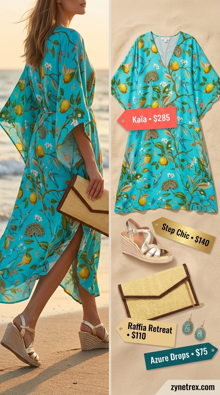 Tropical Sunset Caftan Dress 2026 Turquoise and coral maxi caftan dress for glamorous summer beach outfits for women 2026.