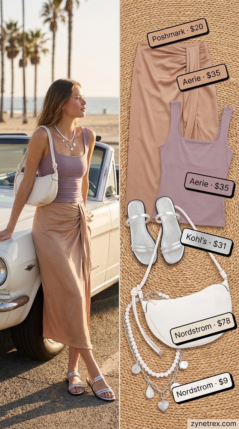 Romantic Riviera Summer Outfits for Women 2026 Romantic Riviera summer beach outfit for women 2026: Pink sarong skirt, lavender top, metallic sandals, silver jewelry.