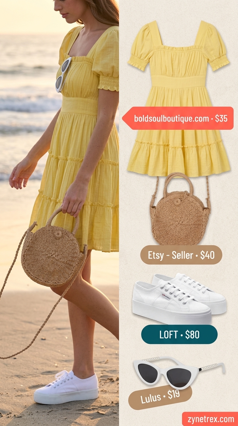 Sunny Daydream Summer Outfits for Women 2026 Sunny Daydream summer beach outfit for women 2026: Yellow sundress, white sneakers, straw crossbody bag, cat-eye sunglasses.