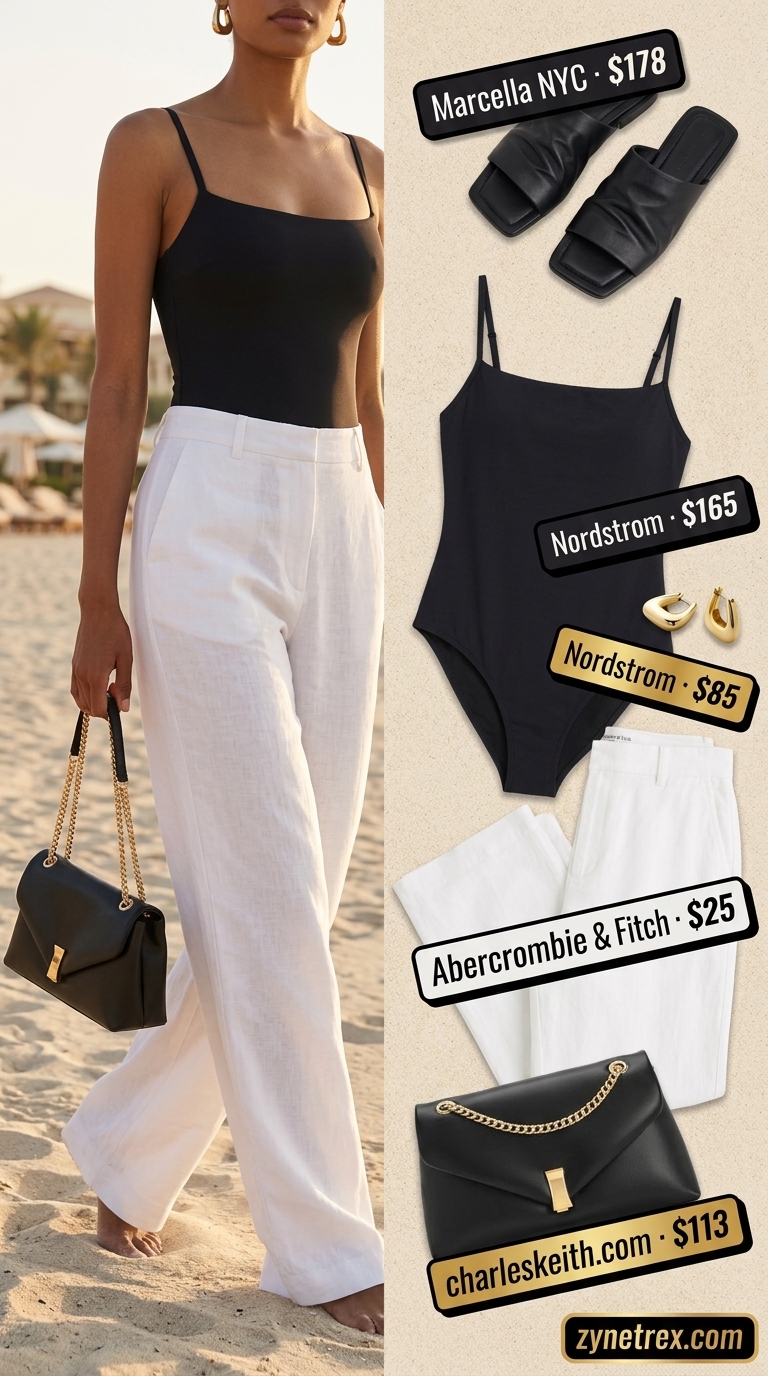 Monochrome Shoreline Glam: Summer Beach Outfits for Women 2026 Black swimsuit and white trousers summer beach outfits for women 2026, sophisticated and chic for poolside events.