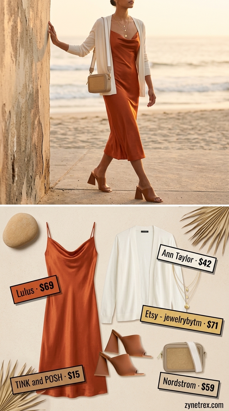 Desert Rose Summer Outfits for Women 2026 Desert Rose summer beach outfit for women 2026: Rust slip dress, cream cardigan, heeled mules, raffia bag, gold necklaces.
